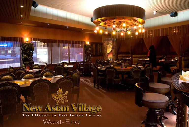 Ornate dining room with chandelier at New Asian Village West Edmonton Indian restaurant